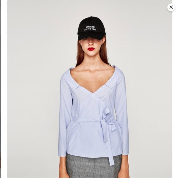 Zara Striped Wrap Blouse with Belt in  Sky Blue Size XS NEW WITH TA… - Picture 1 of 8